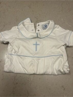 White Baby Baptism Romper with Light Blue Trim